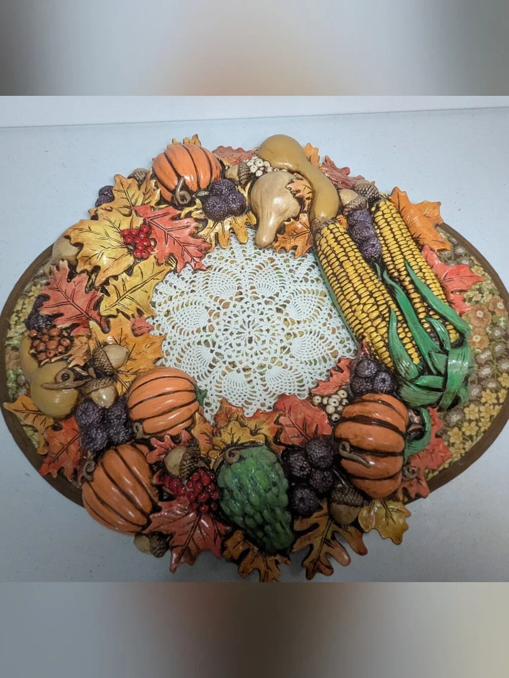 Vintage Ceramic Wreath Fall Decoration Autumn Colors Leaves Pumpkins Corn